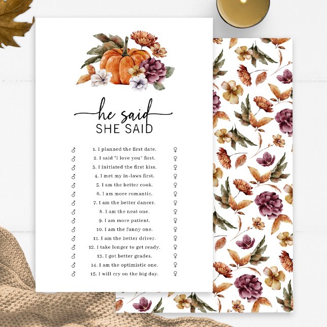 Jogo do Outono Ele Disse Ela Disse (Fall Bridal He Said She Said Game Fall In Love Bridal Shower Pumpkin Florals by Painted Paperie)