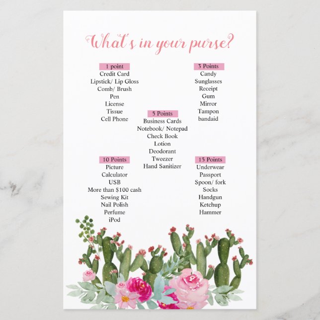 Jogo do que tem na sua bolsa com cacto mexicano ro (Frente)