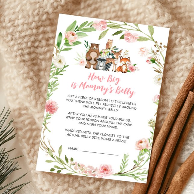 Jogo do Tamanho da Barriga da Mamãe Floral Rosa da (Girl Woodland Animals Baby Shower How Big Is Mommy's Belly Game)
