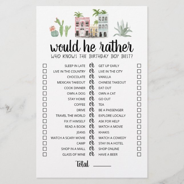 Jogo editável de aniversário 'Would He Rather' (Frente)