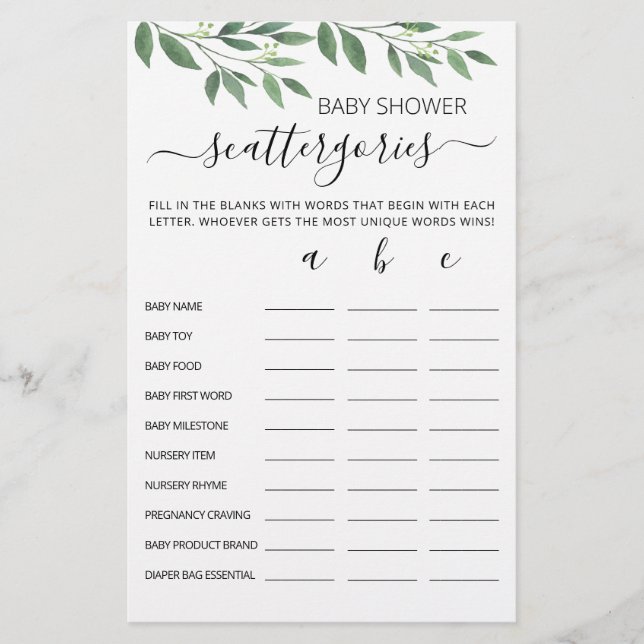 jogo editável do chá de fraldas Scattergories (Frente)