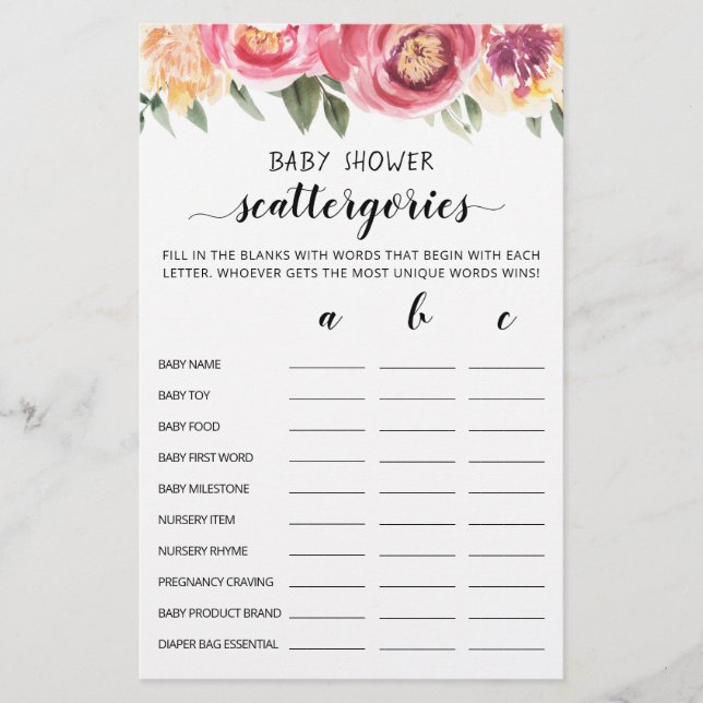 jogo editável do chá de fraldas Scattergories (Frente)