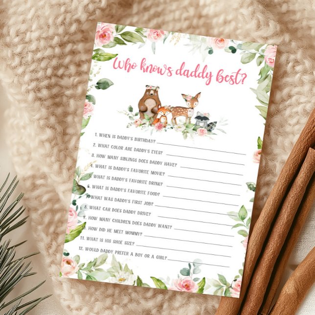 Jogo Florestal Floral Quem Conhece Melhor o Papai (Girl Woodland Animals Baby Shower Who Knows Mommy Best Game)