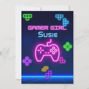 Jogo ligado em neon rosa, azul, convite de jogador