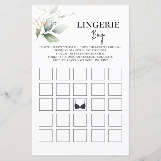 Jogo Lingerie Greenery Bingo chá de panela (Frente)