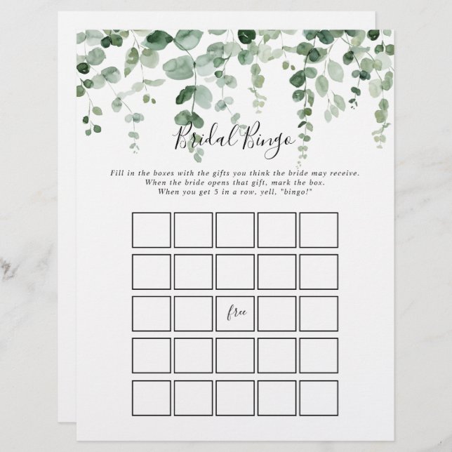 Jogo Mínimo Elegante Eucalyptus Bridal Bingo (Frente/Verso)