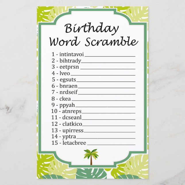Jogo Palm Birthday do Word Scramble (Frente)