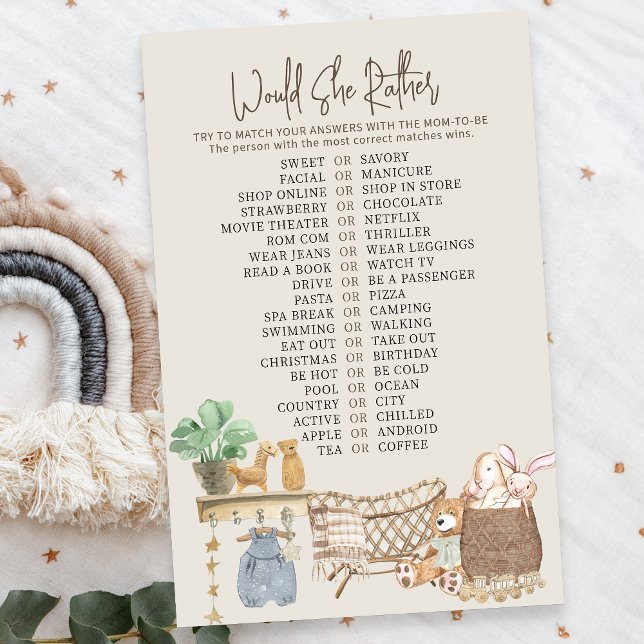 Jogo para Chá de Bebê Boho: "O que ela preferiria" (Would She Rather Baby Shower game - from my Boho Baby Nursery Collection)