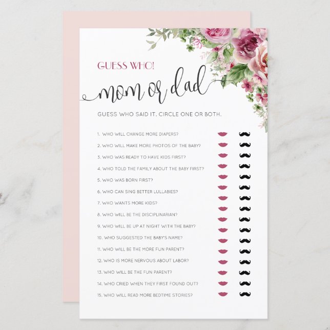 Jogo para Chá de Bebê: Mamãe ou Papai (Frente/Verso)