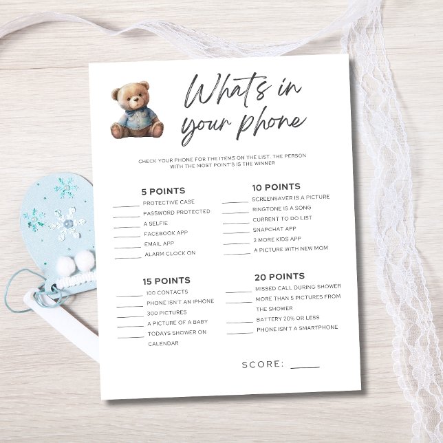 Jogo para Chá de Bebê Menino O que está no seu tel (Baby Shower Game for Baby Boy Shower Baby Bear. What's in your phone)