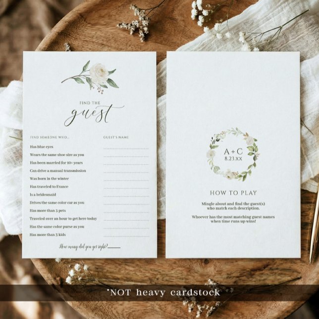 Jogo para Chá de Noiva - Encontre o Convidados com (Printed bridal shower games - find the guest icebreaker game - white floral greenery.)