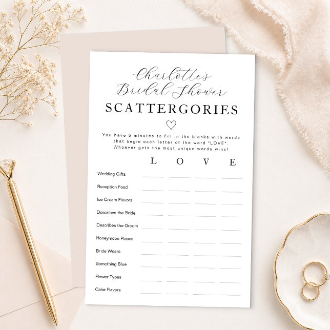 Jogo Personalizado de Scattergories para Chá de No (Bridal Shower Game Card)