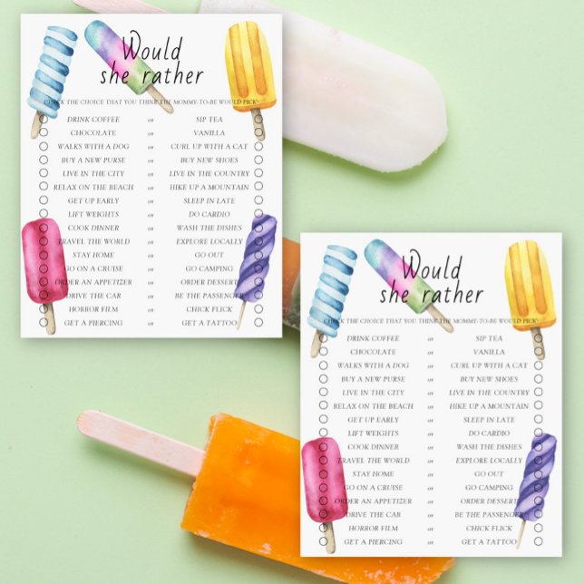 Jogo 'Popsicle baby shower Would She Rather'  (Criador carregado)
