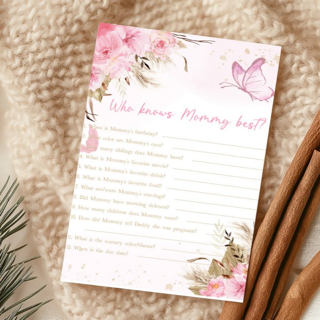 Jogo Quem Conhece Melhor a Mamãe Borboleta Floral  (Pink Butterfly Baby Shower Who Knows Mommy Best Game)