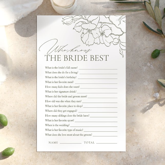 Jogo "Quem conhece melhor a noiva" com flores em v (Sage green floral who knows the bride best game)