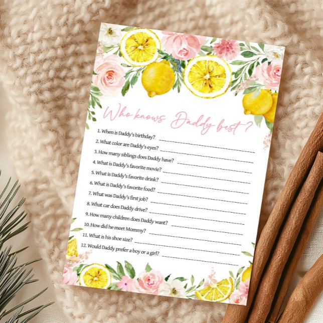 Jogo Quem Conhece Melhor o Papai Flor de Limão Ros (Summer Lemon Citrus Baby Shower Who Knows Daddy Best Game)