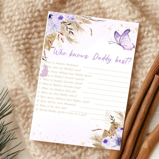 Jogo Quem Conhece Melhor o Papai no Chá de Bebê co (Purple Butterfly Baby Shower Who Knows Daddy Best Game)