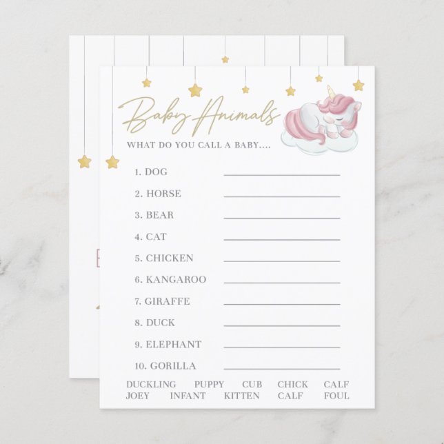 Jogo Rosa Unicorn Estrelas Chás de fraldas Animais (Frente/Verso)