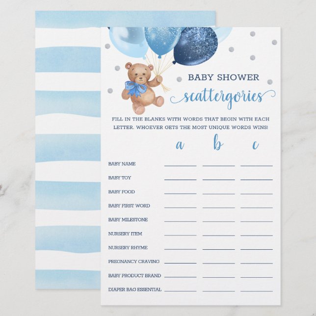Jogo Scattergories Chá de Bebê Urso Teddy  (Frente/Verso)