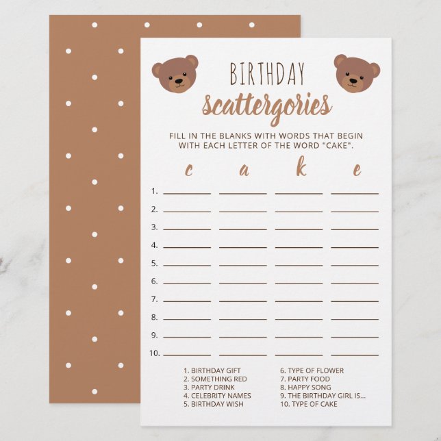 Jogo Scattergories de Bolo de Bear Bear Bear Birth (Frente/Verso)