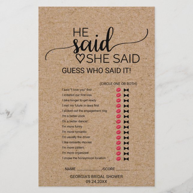 Jogo Simples de Falso Kraft Ele Disse Ela Disse (Frente)