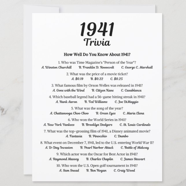 Jogo Trivia 1941 | 84º jogo de Festa de aniversári (Frente)