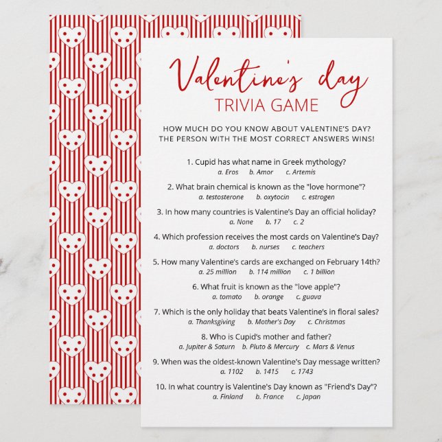 Jogo Trivia do dia de os namorados com Respostas (Frente/Verso)