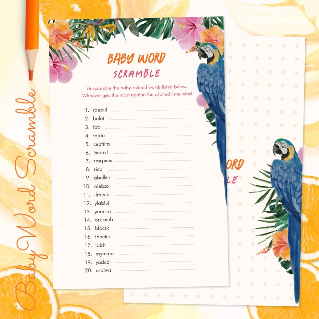 Jogo Tropical Jungle Chá de fraldas (Tropical Jungle Baby Shower Word Scramble Game ©Susanne Sachers - Sunny Mind 🌞)