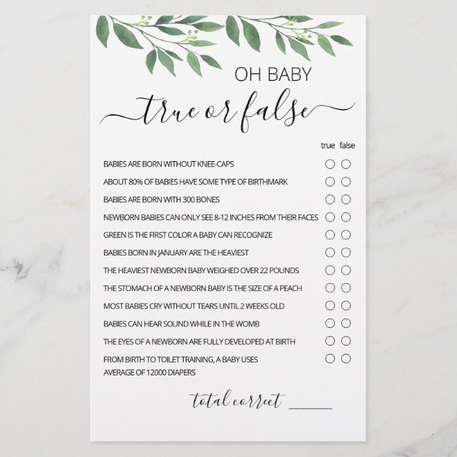 Jogo Verdadeiro ou Falso Jogo Bebê Trivia com Resp (Frente)