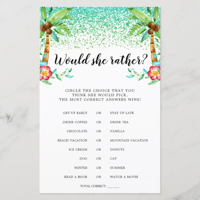Jogo Would She Rather com Aquarela de Luau Tropica (Frente)