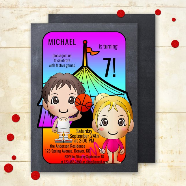 Jogos Coloridos Convite para Aniversários de crian (Cute colorful kids game birthday party invitation featuring two children with a circus or party tent)
