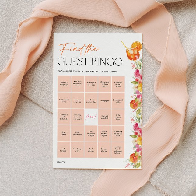 Jogos de Chuveiro de Noiva Bingo de Convidados Cit (Find the Guest Bingo | Love at first Spritz | Citrus Bridal Shower Game )
