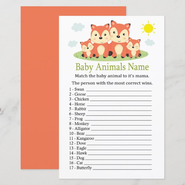 Jogos de Nomes de Animais Bebês Raposa (Frente/Verso)