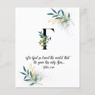 John 3:16, Letra F, Placa de script Watercolor