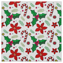 Jolly Christmas Poinsettia Holly Candy Cane tecido