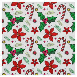 Jolly Christmas Poinsettia Holly Candy Cane tecido