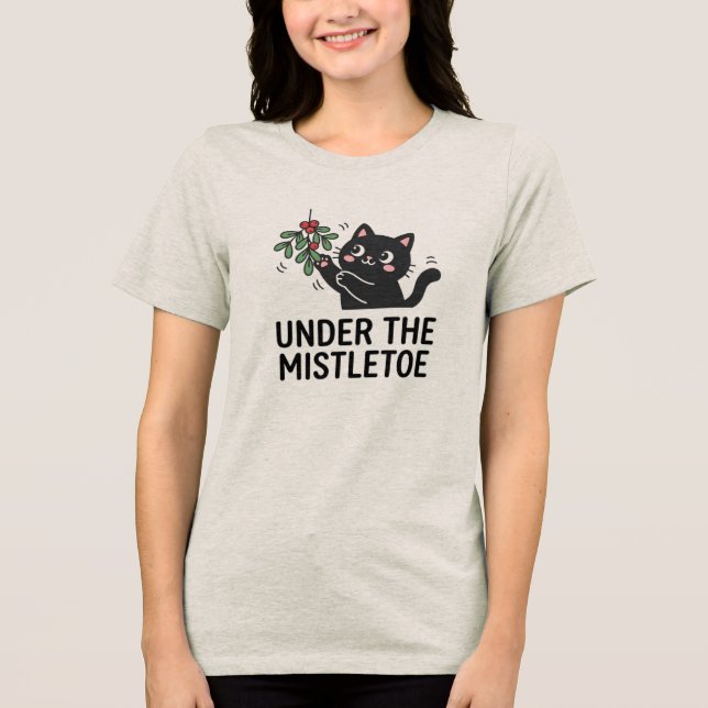 Jolly Joy Black Cat Mistletoe Cartoon T-Shirt (Frente)