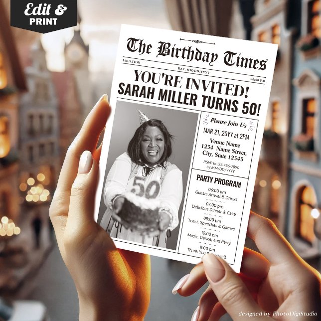 Jornal 50º Convite de aniversário e programa (50th Birthday Newspaper Invitations with Program)