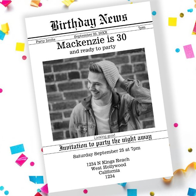 Jornal de Anúncio de Aniversário Personalizado (Birthday Announcement Newspaper Personalized Novelty Invitation by Ricaso. Add own photo and text)