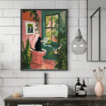 Jornal de Leitura de Cat - Poster de Banheiro Lega<br><div class="desc">Adicione um pouco de maldição à sua parede de arte do banheiro com este impressão moderno e caprichoso! Apresentando um sofisticado gato preto captando casualmente as notícias enquanto pregava em uma sanita rosa, esta peça traz humor e charme a qualquer espaço. As corajosas pinceladas, verde-luxuoso e paleta de cores divertidas...</div>