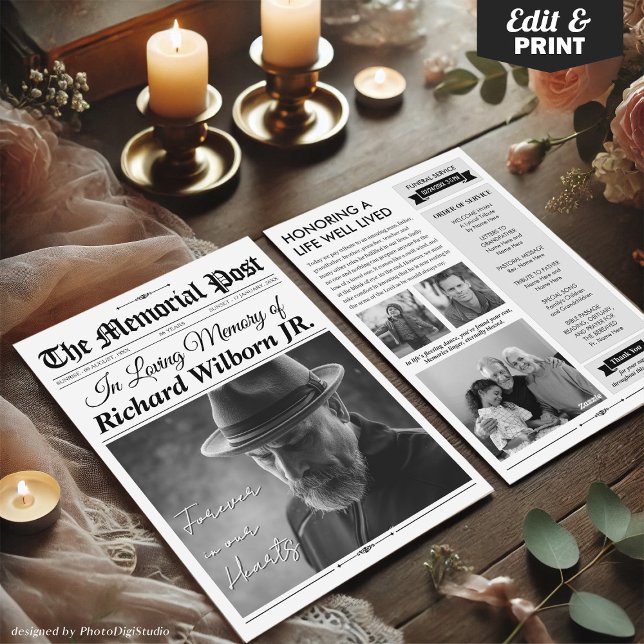 Jornal de Obituário Personalizado com Programa e C (Custom Newspaper Funeral Program Card, Photo Memorial Card)