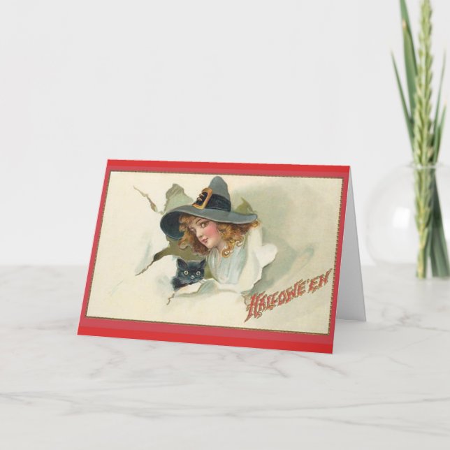Jovem Bruxa e Gato Negro - Cartão de Halloween (Frente)