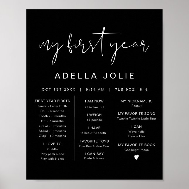 JOVI Modern Boho Black First Year Poster (Frente)