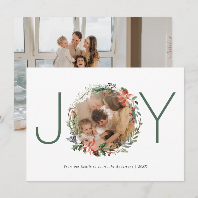 Joy Christmas Wreath Happy Holidays Cartão com fot (Frente/Verso)