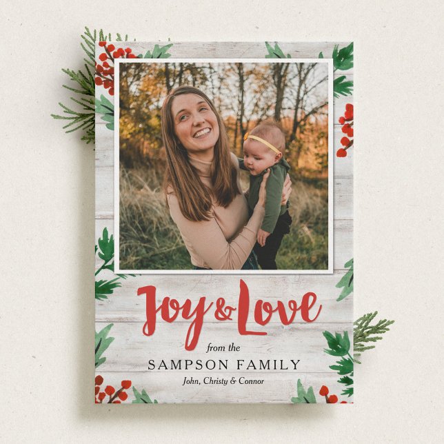 Joy e Love Rustic Holiday Cartão com fotos (Criador carregado)