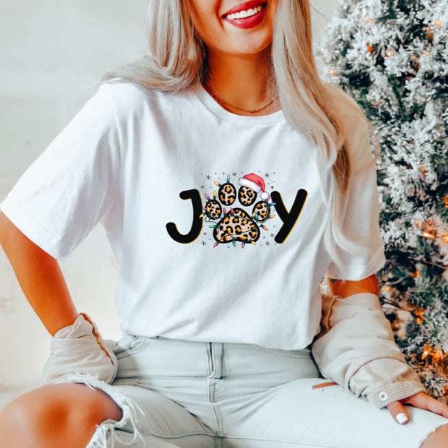 Joy Leopard Print Paw Christmas Women's T-Shirt (Criador carregado)