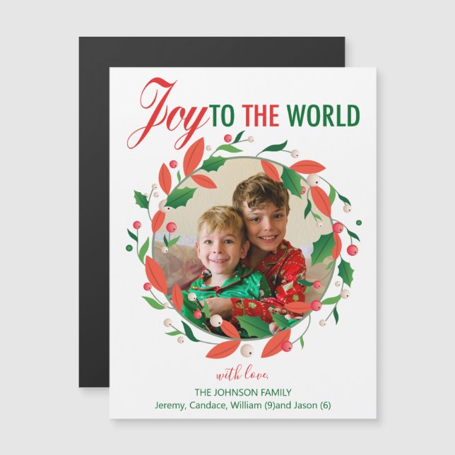 Joy para o World Christmas Wreath Photo Magnet (Frente/Verso)