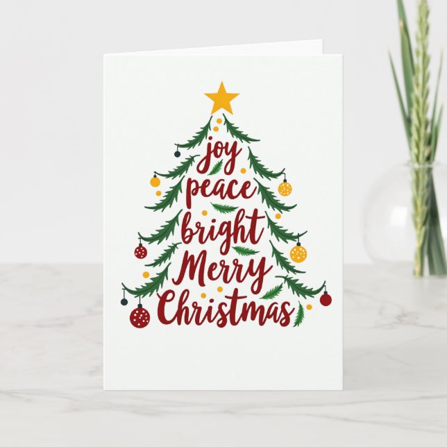 Joy Peace Bright Feliz Cartão de Árvore de Natal (Frente)