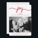 Joy Red Modern Script Cartões de foto de Natal<br><div class="desc">Mostre sua foto favorita com orgulho nesta temporada de festas com as placas planas Joy Modern Scripted,  com um padrão listrado vermelho e branco no verso. Mais na moda e cartões de Natal modernos estão disponíveis na loja Young Wanderlust!</div>