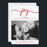 Joy Red Modern Script Cartões de foto de Natal<br><div class="desc">Mostre sua foto favorita com orgulho nesta temporada de festas com as placas planas Joy Modern Scripted,  com um padrão listrado vermelho e branco no verso. Mais na moda e cartões de Natal modernos estão disponíveis na loja Young Wanderlust!</div>